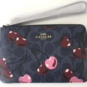 Coach Corner Zip Signature Cherry Wristlet in Denim Multi, NWT